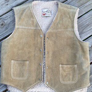 Vintage SEARS The Leather Shop Suede Leather Sherpa Vest Size L Tan Cowboy Farm